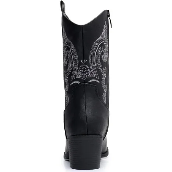 GLOBALWIN Cowgirl Boots Women's Black Faux Leather Mid Calf Chunky Low Heel
